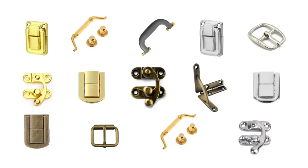 corner protectors, buckles, hinges, rivets, binding screws, knobs, metal pens & pen holders, spine pins, and handle fittings